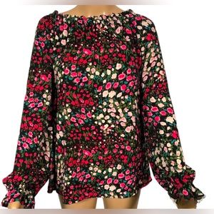 EUC Talbots Satin Smocked Long Sleeve Popover Blouse | Rose Garden Print